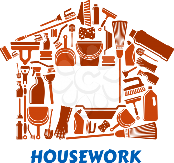 Cleaning tools and supplies in house shape including mop, broom, bucket, brushes, gloves, sponges, dustpan, plunger, squeegee and detergent bottles