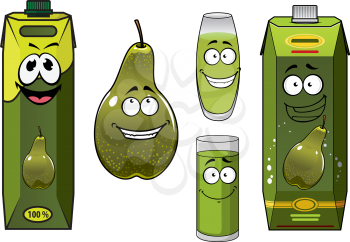 Green pear fruit and juices in cartoon style isolated on white for fresh and healthy nutrition concept design