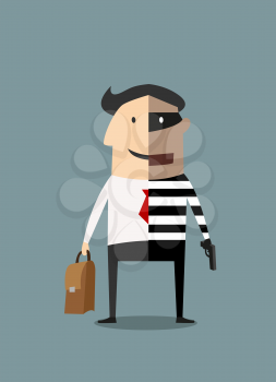 Dual lifestyle, businessman and thief conceptual illustration with a cartoon character half businessman and half criminal in prison garb toting a gun