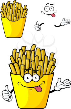 Smiling cartoon french fries with hands and face in paper cap
