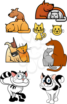 Pet best friends icons with colorful cartoon cats, dogs and kittens playing and lying together in various positions