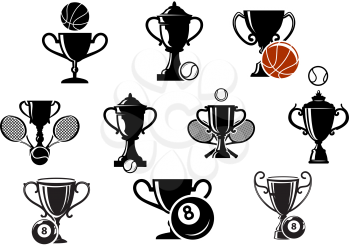 Isolated sporting trophy icons set with various balls and equipment for basketball, snooker or pool and tennis sports design
