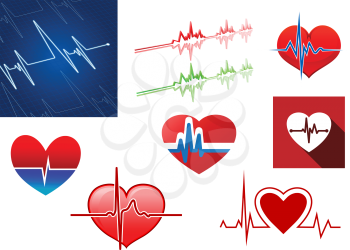 Red hearts with beat frequency icons and cardiology monitor for medical concept design