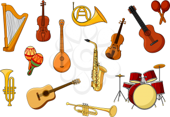 Cartoon set of colored musical instrument icons with a harp, guitar, violin, drums, trumpet, sax, rattles, trombone and French horn