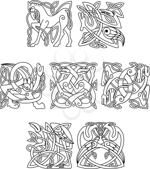 Square decorative celtic  motifs of ornate intertwined animals and birds in black and white line drawings