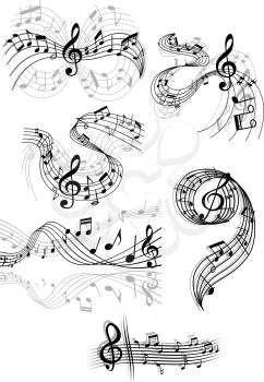 Black and white drawings of swirling musical scores and notes with clefs and overlay over grey designs for decorative design elements