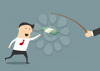 Businessman running after a bribe or backhander with money trailing from a fishing rod in front of him in a graft and corruption concept, vector illustration