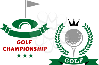 Golfing championship emblems or badges in green and grey with a banner and flag at the hole and circular wreath enclosing a golf ball and crown with banner below and text