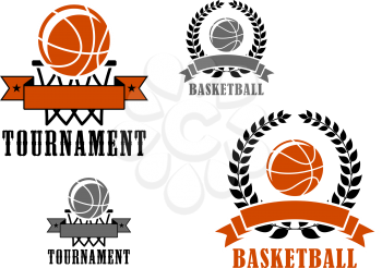 Basketball sport emblems or badges for tournaments and clubs with various balls, wreaths and banners and text Tournament or Basketball