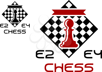 Red pawn on chess board with E2 and E4 signs for chess tournament design