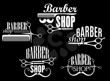 Vintage barber shop or salon emblems and logos including open and close scissors, combs and retro curled mustaches with headers Barber Shop on black background