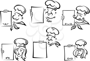 Happy smiling female and male chefs in toques holding blank menu or recipe in sketch style for restaurant or cafe design
