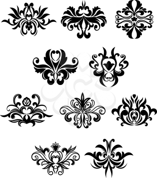 Flourish design elements in damask style showing black curly abstract flowers isolated on white background suitable for wallpaper or invitation design