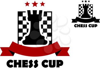 Chess cup logo or emblem template including black rook on chess board decorated red stars and ribbon banner with copy space and second variant in black color