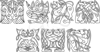 Abstract celtic patterns with dogs, wolves, herons, stork and griffon in outline style for tattoo or totem design