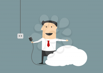 Smiling businessman cartoon character putting plug of cloud into socket for connection to cloud computing service in flat style for personal data storage technology concept design