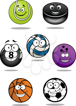 Cute balls and puck cartoon characters including equipments for football or soccer, ice hockey, volleyball, basketball, bowling, tennis, billiards 