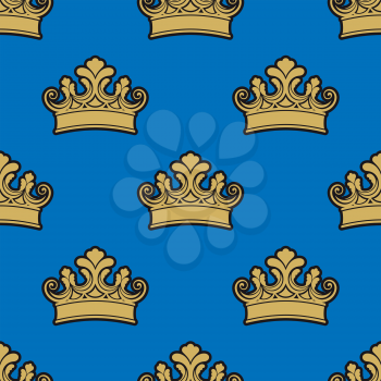 Seamless pattern of ancient golden crowns decorated victorian styled foliage ornaments on blue background suited for textile or heraldic design