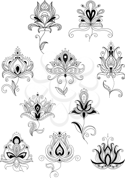 Paisley outline floral design elements depicting black ethnic styled flowers with wavy stems and curly leaves on white background