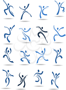 Abstract dance icons with blue silhouettes of dancing people in different poses suitable for logo or emblem template design