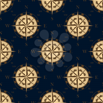 Golden stylized compass rose in retro style seamless pattern on dark blue background for luxury wallpaper or adventure design