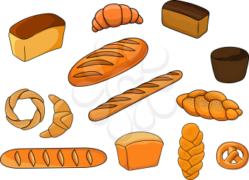 Bakery products with cartoon loaves of white and brown bread, baguettes, pretzel, croissants, plaited loaves and bagel decorated poppy and til seeds for bakery shop design