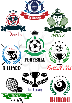 Football club, billiards, darts, ice hockey, tennis heraldic emblems or logo depicting game equipments and trophy cups bordered shield, ribbon banners, laurel wreaths with stars and crowns