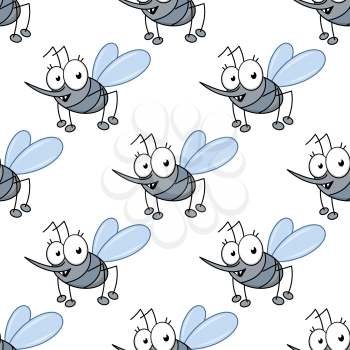 Seamless pattern with funny little gray mosquito cartoon characters on white background for childish wallpaper or decor design