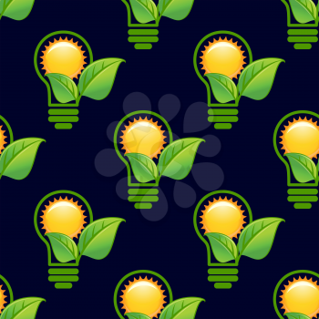 Ecology abstract seamless pattern with repeated motif of the sun inside green light bulb with green leaves on dark blue background for energy saving or eco friendly concept design