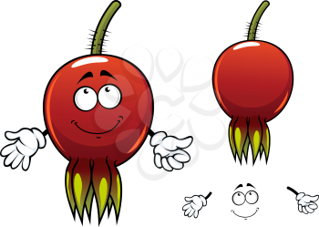 Briar fruit cartoon character depicting smiling glossy red berry with yellow perianth and prickly green stalk for healthy nutrition or herbal medicine concept design