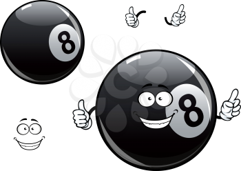 Smiling cartoon billiards, snooker or pool eight ball mascot character showing black glossy ball with number 8 and thumb up gesture