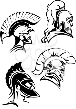 Heads of spartan warriors or gladiators wearing in traditional helmets with crests and mohawks or plumes in outline sketch style 