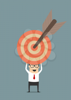 Happy cartoon businessman in glasses holding red target with arrow on the center in flat style suitable for risk or targeting business concept design
