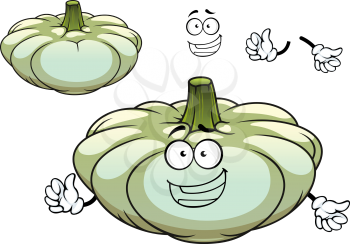Pattypan squash or pumpkin vegetable cartoon character with large green stalk and cute smiling face for vegetarian menu or healthy nutrition concept design