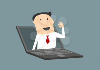 Cartoon cheerful businessman in flat style gesturing ok sign in laptop screen suitable for success concept design