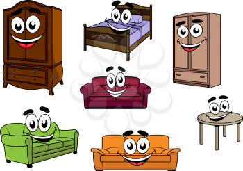Happy smiling cartoon furniture characters depicting colorful upholstered sofas, wooden cupboards and table, bed with carved headboard and bedding for childish design