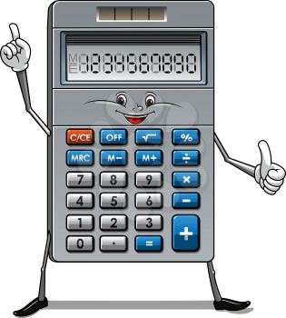 Happy calculator cartoon character with blue and white buttons, solar panel and numbers on the screen suitable for education or finance concept design