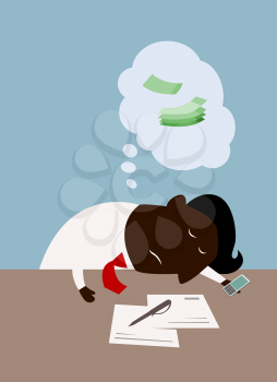 Tired cartoon african american businessman sleeping at his desk among working papers and dreaming about money suited for success concept design