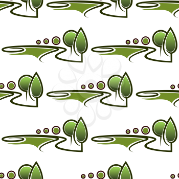 Alleys in spring park seamless pattern with abstract bright green landscapes depicting lawns, trees and bushes on white background for page fill or landscaping concept design