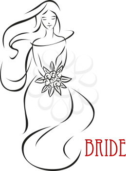 Silhouette of shy bride in long wedding dress holding flowers isolated on white background suitable for wedding or bridal shower invitation design