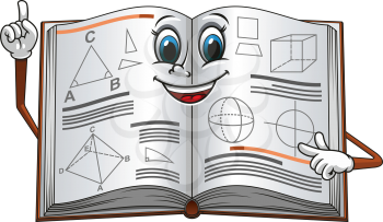 Smiling open textbook cartoon character pointing on a page with geometric shapes suitable for education concept or mathematic lessons design