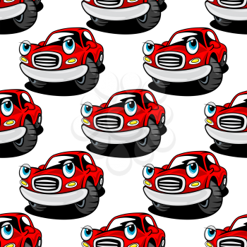 Funny red cars cartoon characters seamless pattern with repeated motif of cute retro automobiles on white background for childish decor or wallpaper design