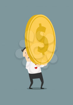 Tired cartoon businessman carrying huge golden coin with dollar sign in flat style suited for investment or wealth concept design