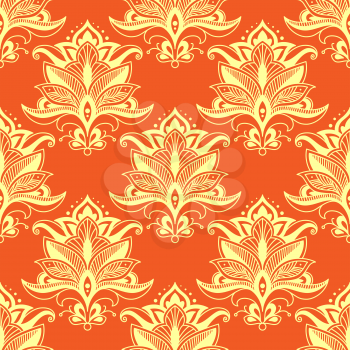 Bright orange paisley stylized floral seamless pattern with stylized yellow flowers decorated traditional carved petals, dots and swirls for textile or interior accessories design