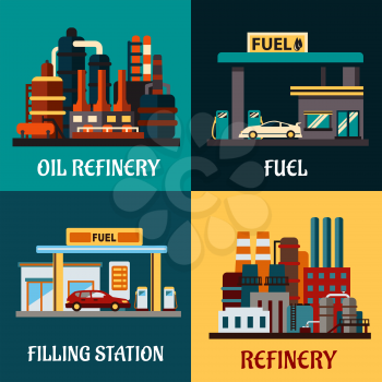 Oil refinery factories and gas stations concepts in flat style showing roadside filling stations with cars, pumps and industrial plants for refining oil products with tanks and pipes