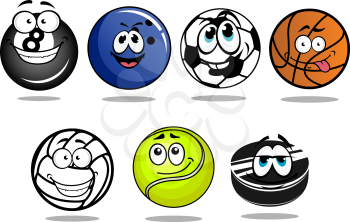 Funny cartoon balls and puck characters for football or soccer, ice hockey, basketball, volleyball, bowling, billiards, tennis games for sporting mascot design