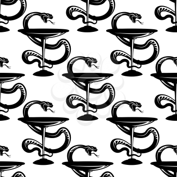 Pharmacy caduceus symbols seamless pattern with repeated motif of bowl with snake on white background for healthcare or pharmaceutical concept design
