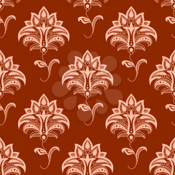 Elegant oriental stylized floral seamless pattern with delicate pink flowers on wavy leafy stems on titian background suitable for textile or interior accessories design