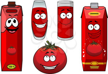 Natural tomato juice cartoon characters depicting cute ripe tomato vegetable, glasses with thick red drink and cardboard containers for food pack design