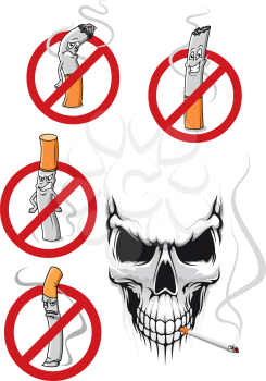 Smoking kills and no smoking concepts in cartoon style with cigarettes in prohibition signs and spooky skull with cigarette for healthcare concept design
